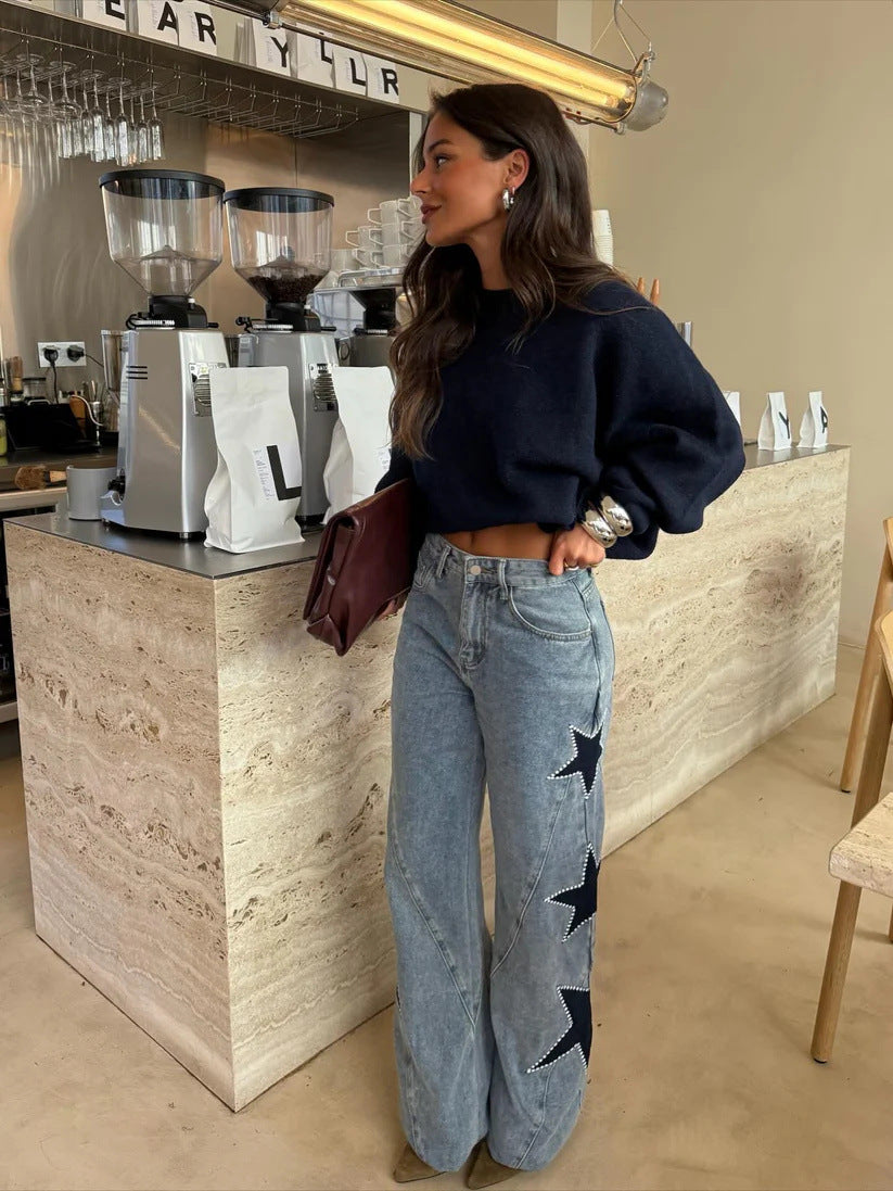 Loose Fit Star Print Denim Pants