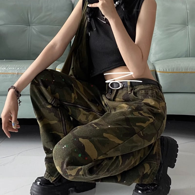 Camouflage Washed Straight Leg Denim Pants