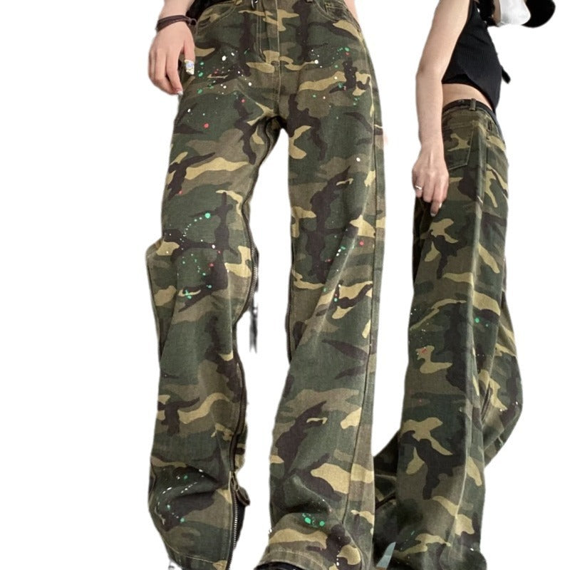 Camouflage Washed Straight Leg Denim Pants