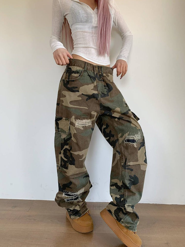 Retro Camouflage Cargo Pants with Distressed Details