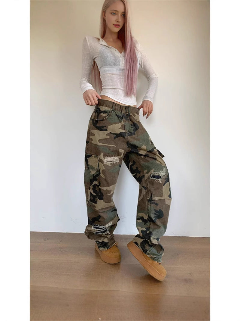 Retro Camouflage Cargo Pants with Distressed Details