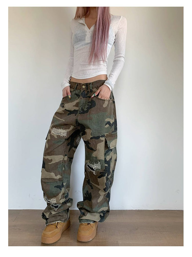 Retro Camouflage Cargo Pants with Distressed Details
