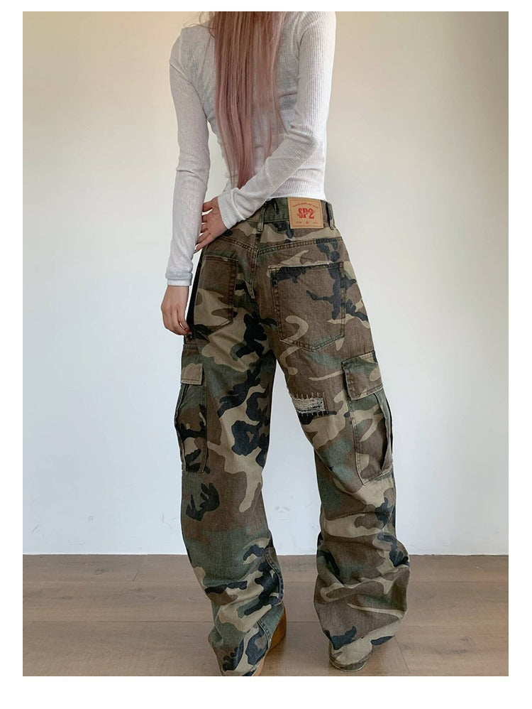 Retro Camouflage Cargo Pants with Distressed Details